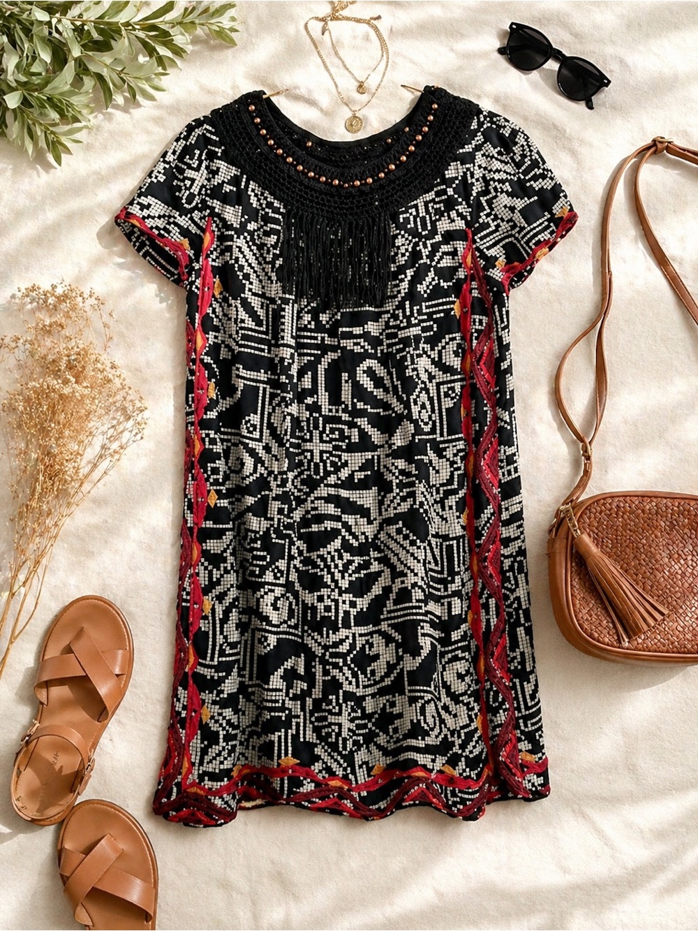 Anthropologie Floreat Abelia Beaded Fringe Shift Dress Boho Embroidered Medium